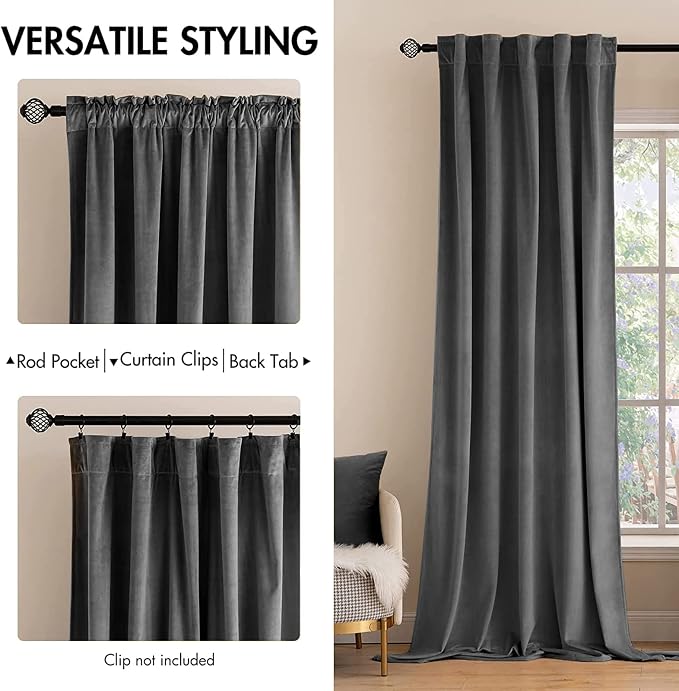 MIULEE Grey Velvet Curtains 96 inches 2 Panels - Image 2