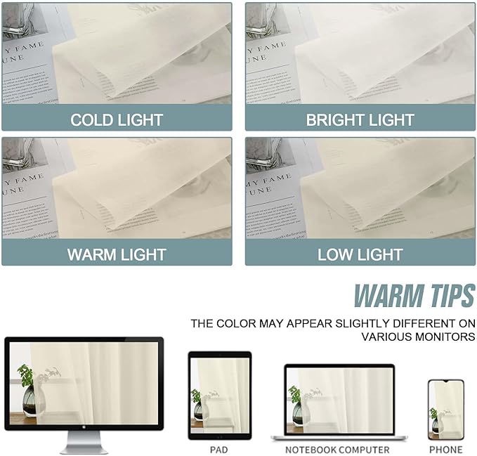 Cream Sheer Curtains 120 Inches Long 2 Panels, Extra Long Light Filtering - Image 6