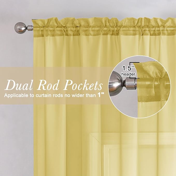 Lecloud Yellow Sheer Curtains 63 Inch Length 2 Panels, Light Filtering Voile - Image 2