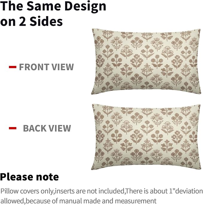 Brown Floral Pillow Covers 12x20 Inch Set of 2, Block Print Lumbar Flower Cream - Image 4