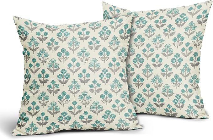 Teal Grey Gray Floral Block Print Pillow Covers 20x20 Inch Set of 2, Vintage - Image 2
