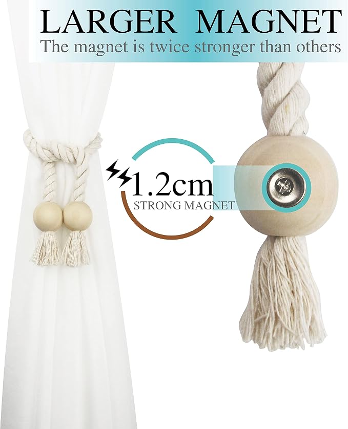 6 Pack Magnetic Curtain Tiebacks Cotton Hand Woven Tie Back Decorative Rope - Image 4