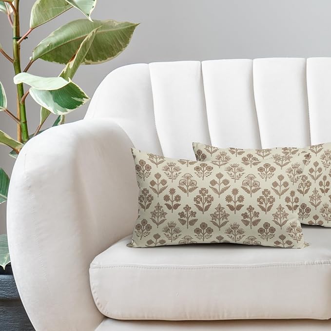 Brown Floral Pillow Covers 12x20 Inch Set of 2, Block Print Lumbar Flower Cream - Image 5