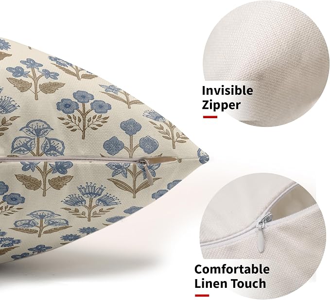 Brown Blue Floral Pillow Covers 12x20 Inch Set of 2, Block Print Lumbar Flower - Image 2