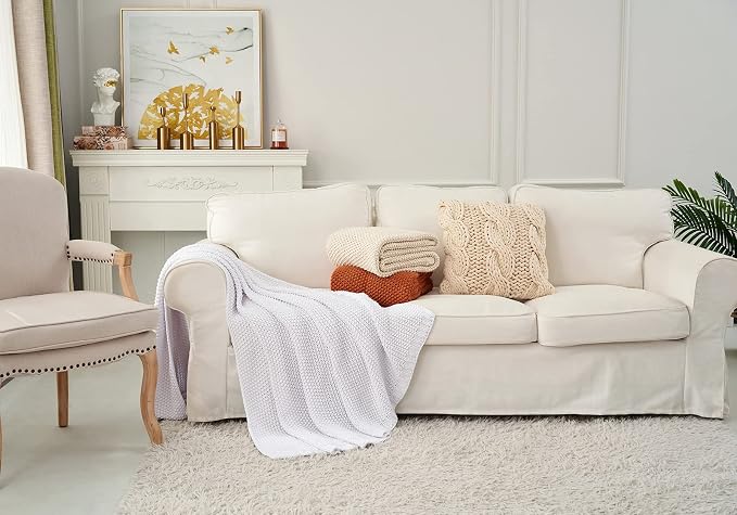 Chunky Cable Knit Throw Blanket Lightweight White 100% Organic Cotton Blanket - Image 7