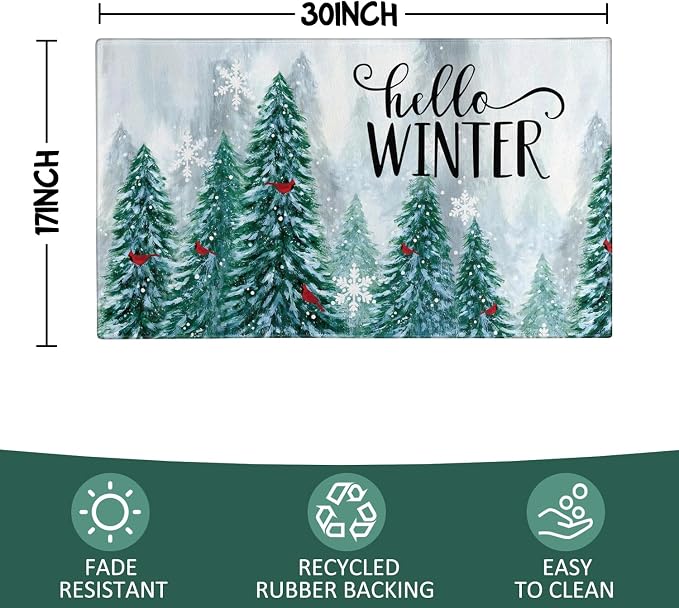 Hello Winter Door Mat Outdoor for Front Door, Pine Trees Snowy Forest Red - Image 3