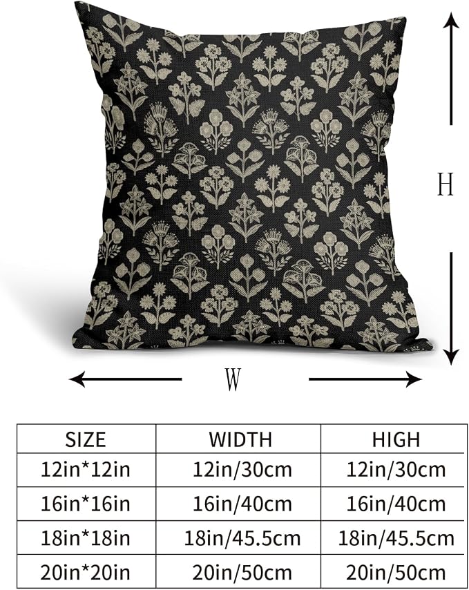 Black Floral Block Print Pillow Covers 18x18 Inch Set of 2, Vintage Flower - Image 5