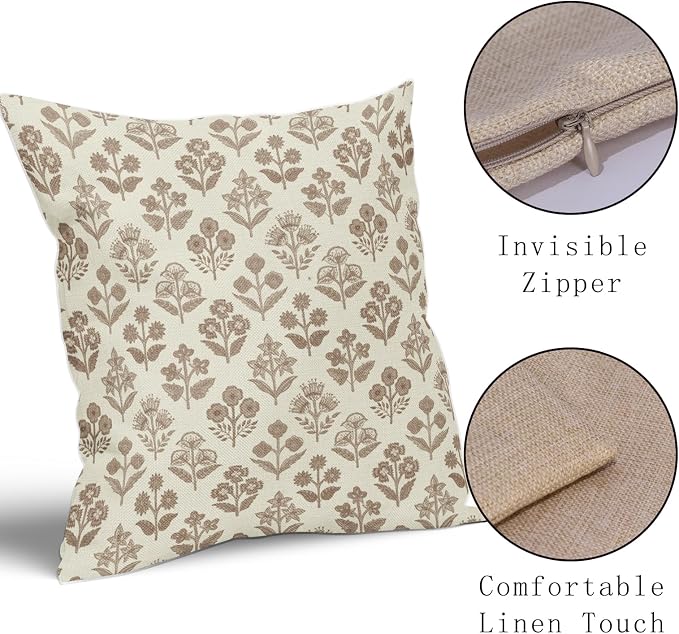 Brown Floral Pillow Covers 16x16 Inch Set of 2, Vintage Flower Block Print - Image 4