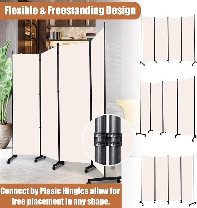 Room Divider Portable 88'' Partition Room Dividers/Wheel, 4 Panel Wall Divider - Image 5