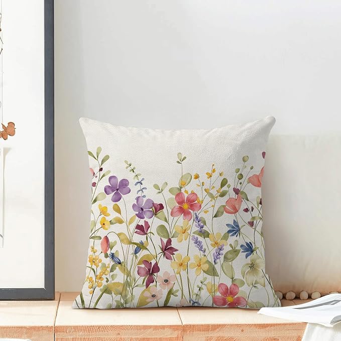 AEIOAE Spring Pillow Covers 18x18 Inch Set of 2, Colorful Wild Flower Leaves - Image 3