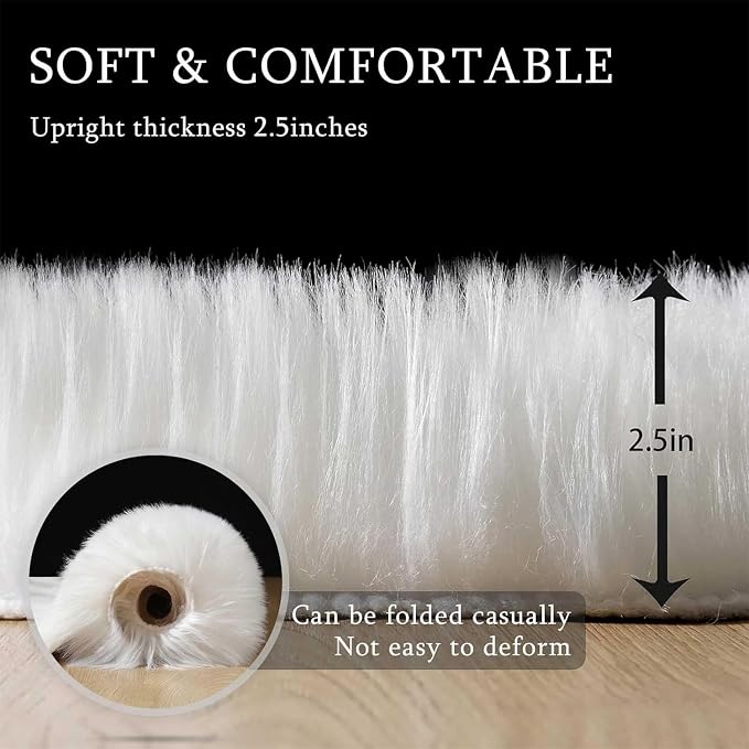 Fluffy Faux Fur Rug White Sheepskin Area Rug, 3x5 Ft Ultra Soft Shaggy Plush Rug - Image 2