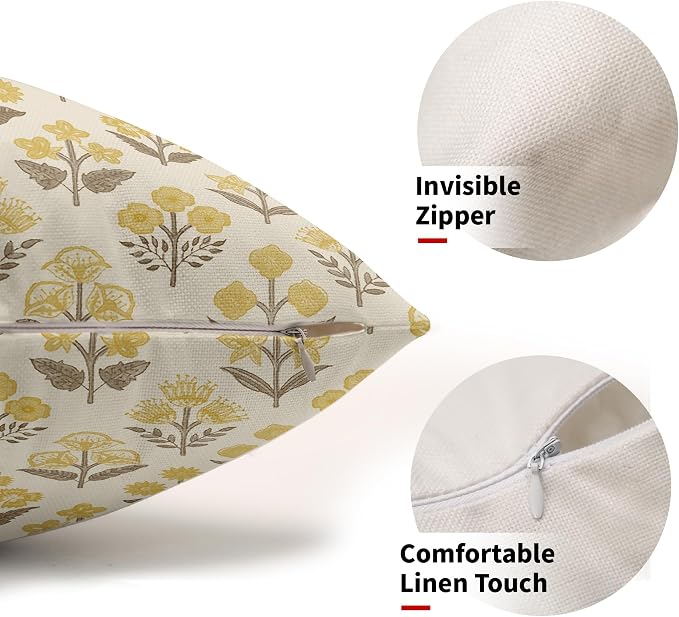 Brown Yellow Floral Pillow Covers 12x20 Inch Set of 2, Block Print Lumbar - Image 2