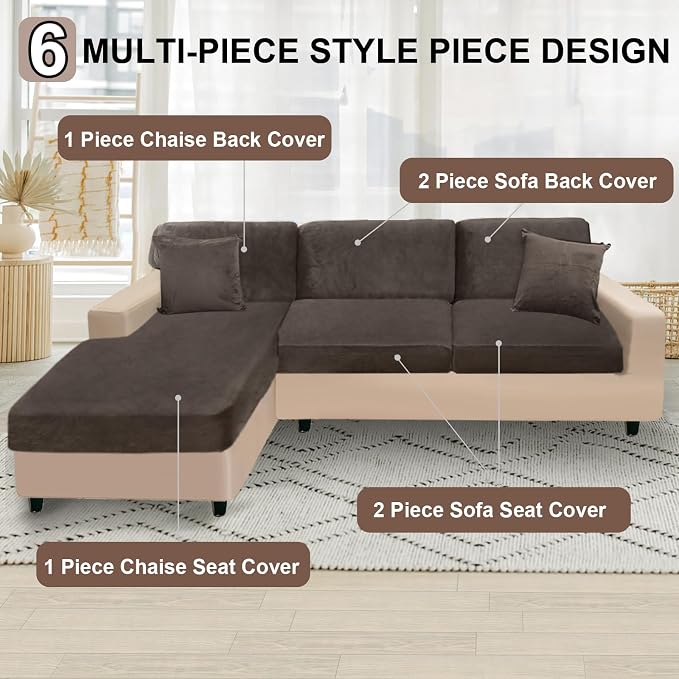 NAISI Sectional Couch Covers 6 Pieces Velvet Couch Cushion Covers L Shape Soft - Image 5
