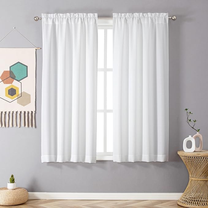 Chyhomenyc White Curtains 63 Inch Length 2 Panels, Faux Linen Textured Semi - Image 2