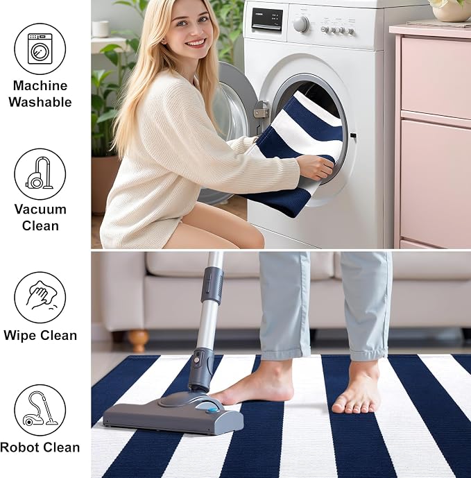 OLANLY Navy and White Striped Rug 3' x 5' – Washable Cotton Indoor Outdoor - Image 2