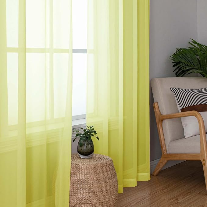 Lecloud Lemon Sheer Curtains 63 Inch Length 2 Pcs, Solid Voile Modern Window - Image 2