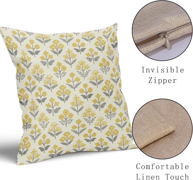 Yellow Grey Gray Floral Block Print Pillow Covers 16x16 Inch Set of 2, Vintage - Image 4