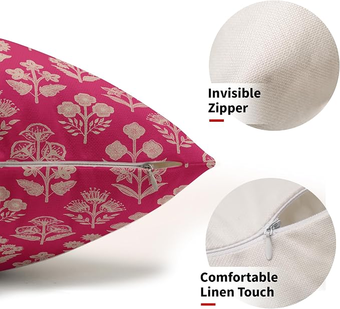Hot Pink Pillow Covers 12x20 Inch Set of 2, Cream Floral Block Print Pattern - Image 2