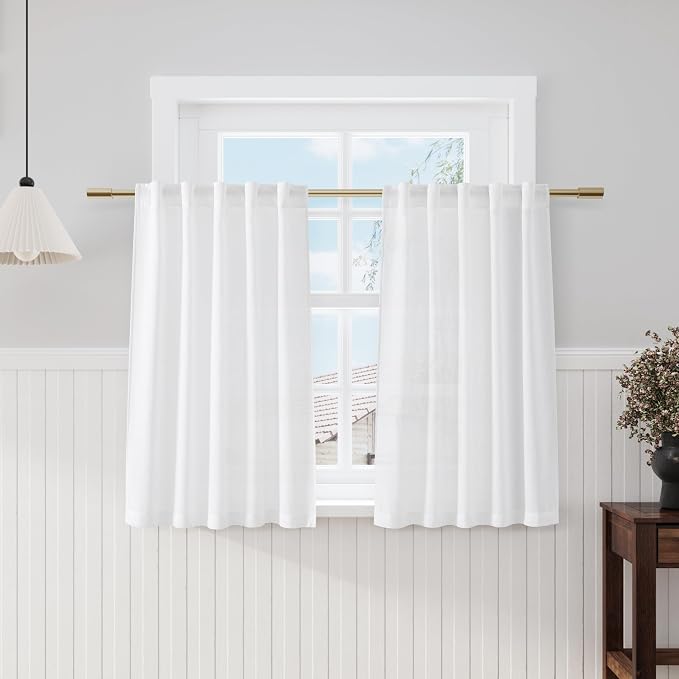Nanspring Farmhouse Rustic White Linen Curtains 45 Inch Length Semi-Sheer Back by Nanspring