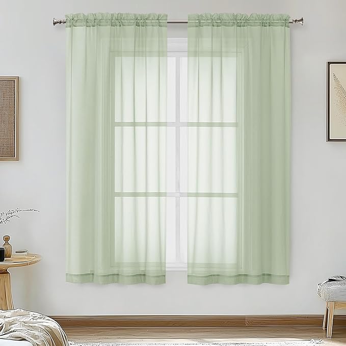 OVZME Light Green Sheer Curtains 54 Inches Long 2 Panels by OVZME