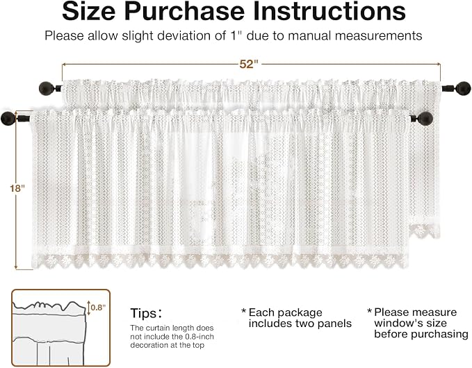Rinwoc White Lace Semi-Sheer Valance Cafe Curtains 2 Panels – Vintage Boho - Image 5
