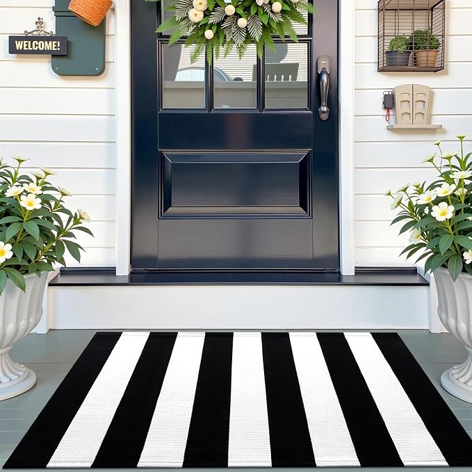 OLANLY Black and White Striped Rug 2'4" x 3'7" – Washable Cotton Indoor Outdoor by OLANLY