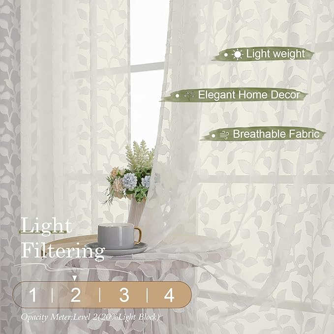 Chyhomenyc Ivory Sheer Curtains 96 Inch Length 2 Panels Set, Light Filtering - Image 2