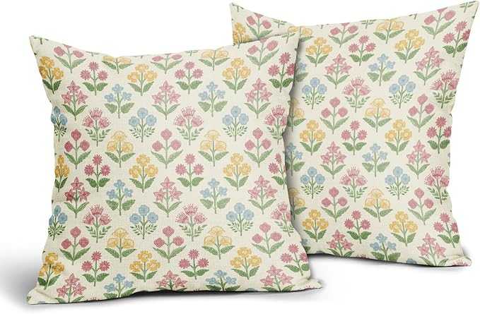 Spring Floral Block Print Pillow Covers 22x22 Inch Set of 2, Easter Decoration - Image 2