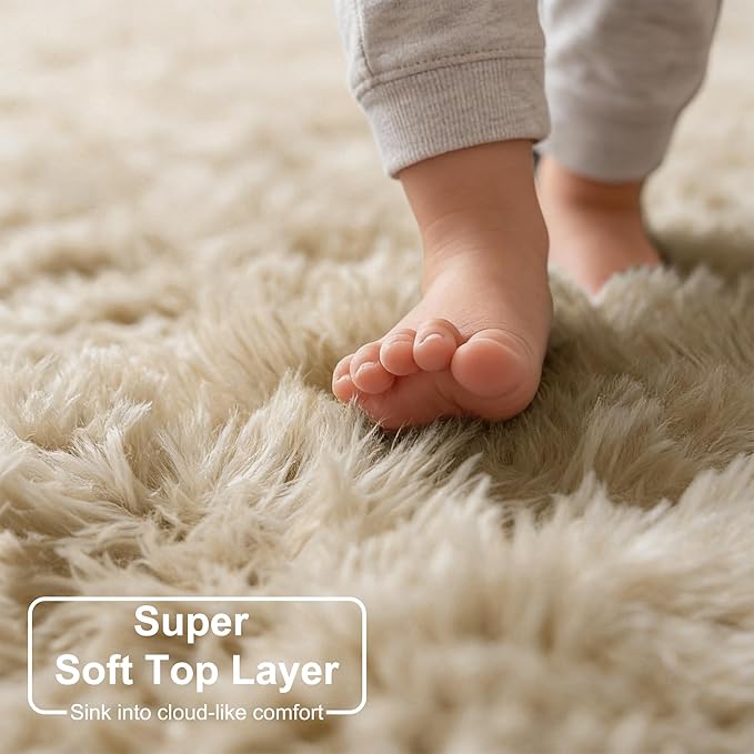 Amdrebio Beige Area Rugs for Bedroom Kids Room Decor, Fluffy Plush Shaggy Furry - Image 2