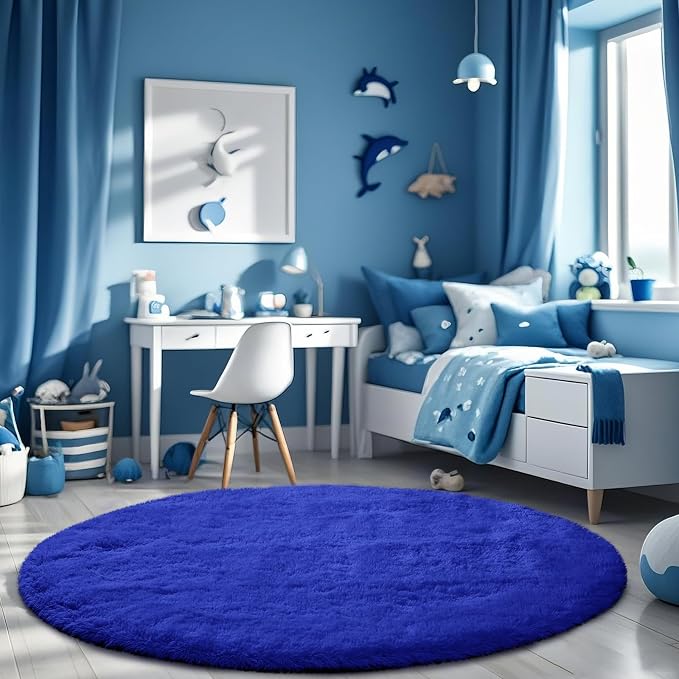 Fluffy Round Rugs for Bedroom Blue: 4ft Fluffy Circle Area Rug for Kids Room- - Image 3