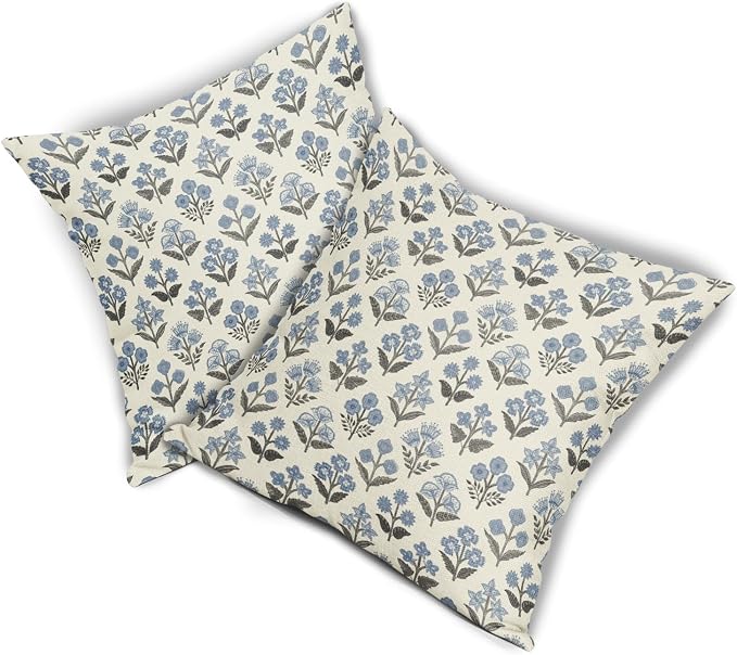 Black Blue Floral Block Print Pillow Covers 22x22 Inch Set of 2, Vintage Flower - Image 8