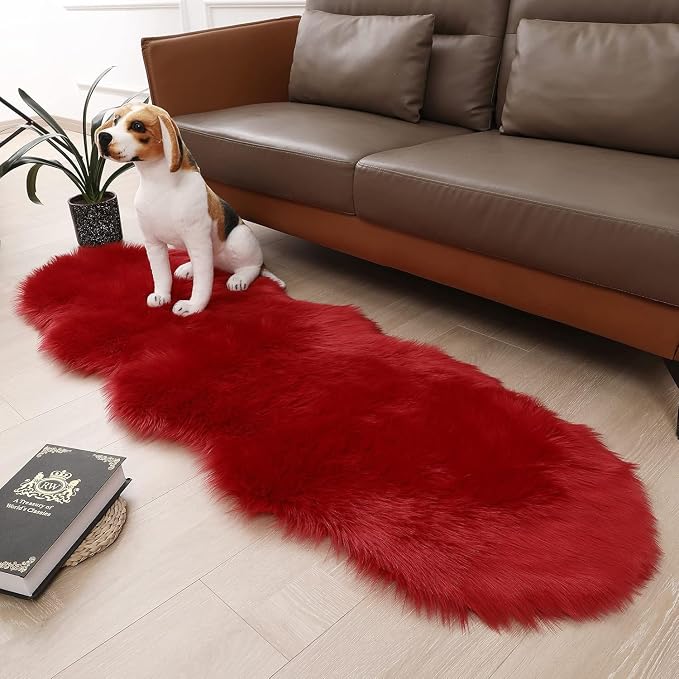 Faux Fur Rug 2 x 6 ft Red Shaggy Sheepskin Machine Washable Fuzzy Area Rug - Image 5