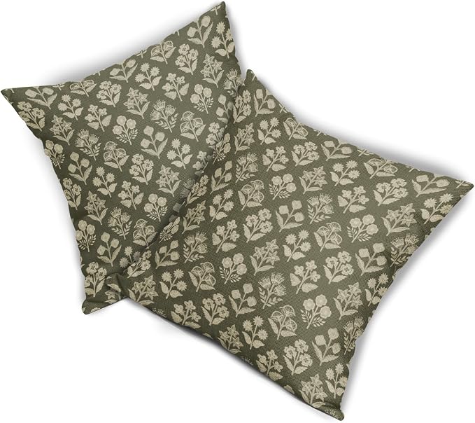 Olive Green Pillow Covers 24x24 Inch Set of 2, Vintage Flower Block Print - Image 8
