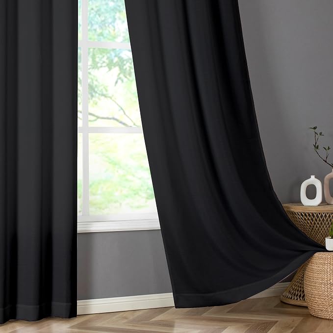 Chyhomenyc Black Curtains 72 Inch Length 2 Panels Set, Faux Linen Textured Semi - Image 9