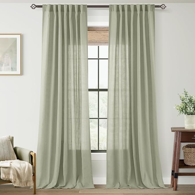 Linen Blend Sage Green Curtains 102 inch Length 2 Panels by Jolilight