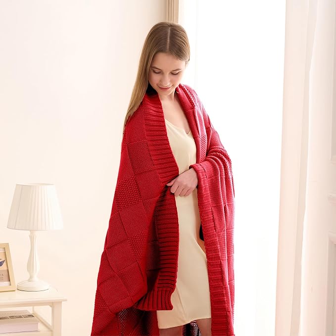 CozeCube Check Knit Throw Blanket, Christmas Red Checkered Bedroom Blanket - Image 2