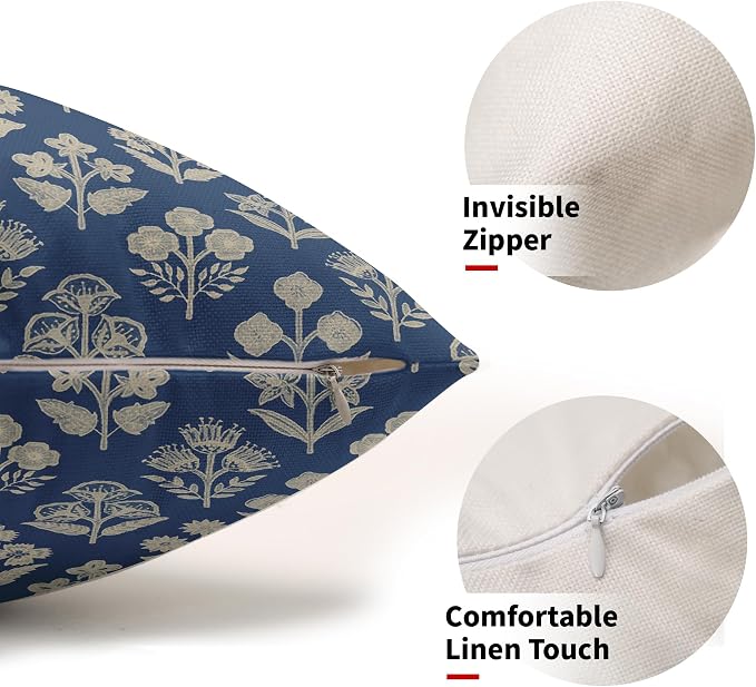 Blue Pillow Covers 12x20 Inch Set of 2, Cream Floral Block Print Pattern Lumbar - Image 2