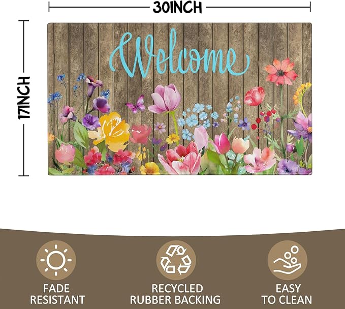 Spring Summer Door Mat, Colorful Flower Watercolor Floral Indoor Outdoor - Image 3