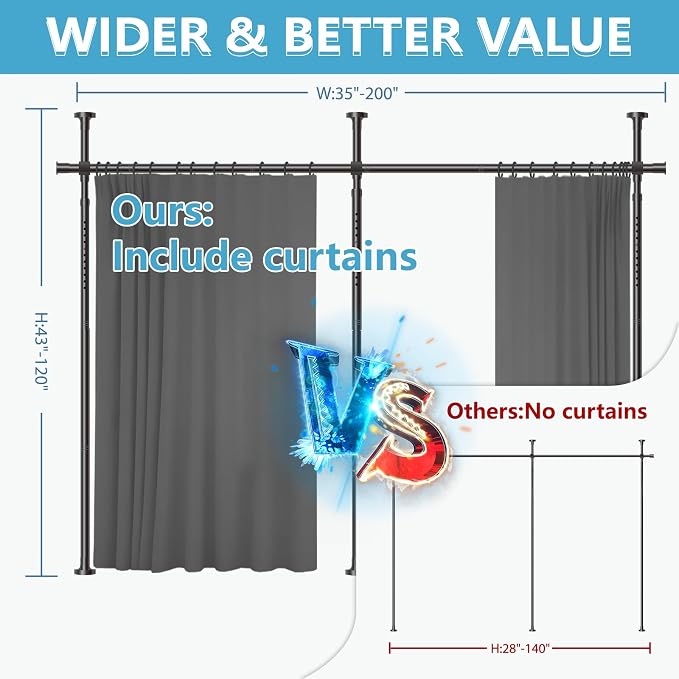 Jilron No-Drill Room Divider Curtains Set: Includes 106" W x 96" L Grey Curtain - Image 3