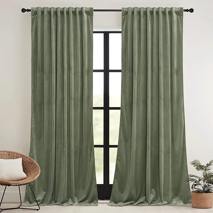 RYB HOME Sage Green Velvet Curtains 108 inch, Room Darkening Super Soft Velvet - Image 2