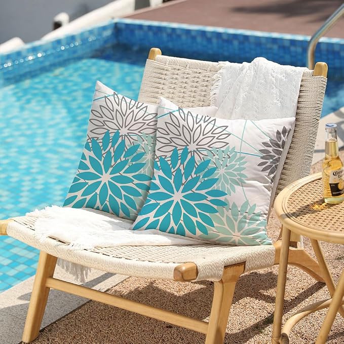 DFXSZ Outdoor Waterproof Summer Pillow Covers 20x20 Set of 2 Blue Floral - Image 2