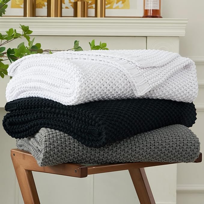 Chunky Cable Knit Throw Blanket Lightweight Grey 100% Organic Cotton Blanket by LongHuiBedding