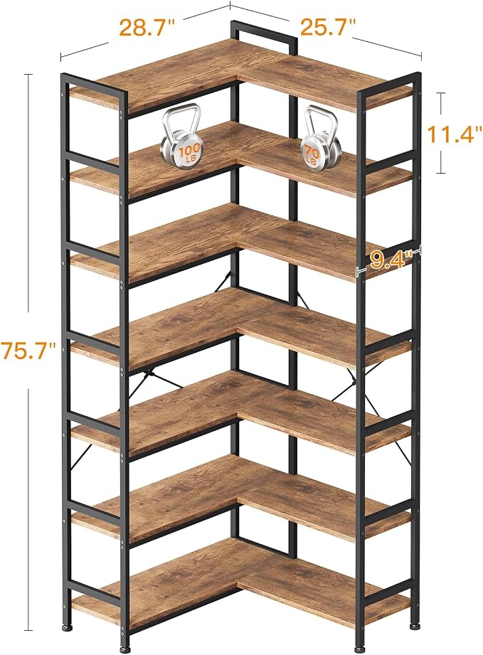 Casaottima Corner Bookshelf 7 Tier, 76 Inches Reversible Book Shelf - Image 3