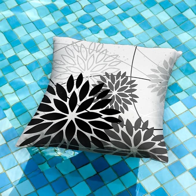 Black Grey Floral Pillow Covers 16x16 Set of 2 Outdoor Waterproof White Colored - Image 2