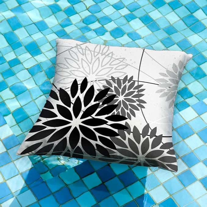 Black Grey Floral Pillow Covers 20x20 Set of 2 Outdoor Waterproof White Colored - Image 2