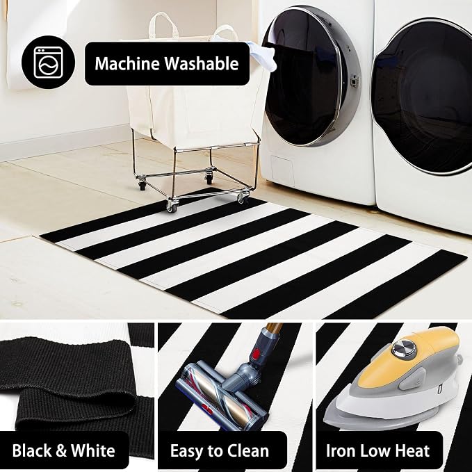 KOZYFLY Black and White Striped Outdoor Rug 5x7 Ft Area Rug Washable Indoor - Image 6
