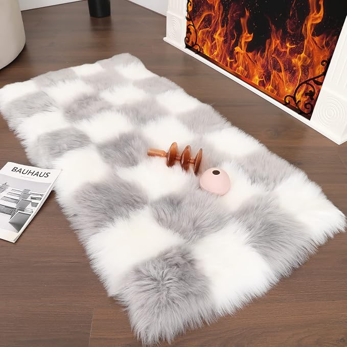 Fluffy Faux Fur Gery and White Checkered Rug，Small Area Rug, 2x4 Ft Ultra Soft - Image 6
