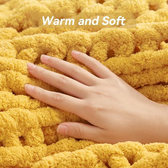 Chunky Knit Throw Blanket, Handmade Yellow Crochet Big Thick Blanket, Machine - Image 7