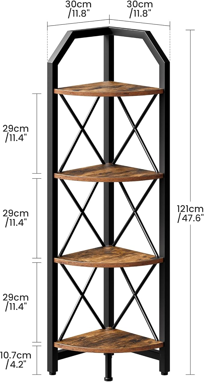 CHOEZON 4-Tier Rustic Brown and Black Corner Shelf, 4-Shelf Industrial Corner - Image 2