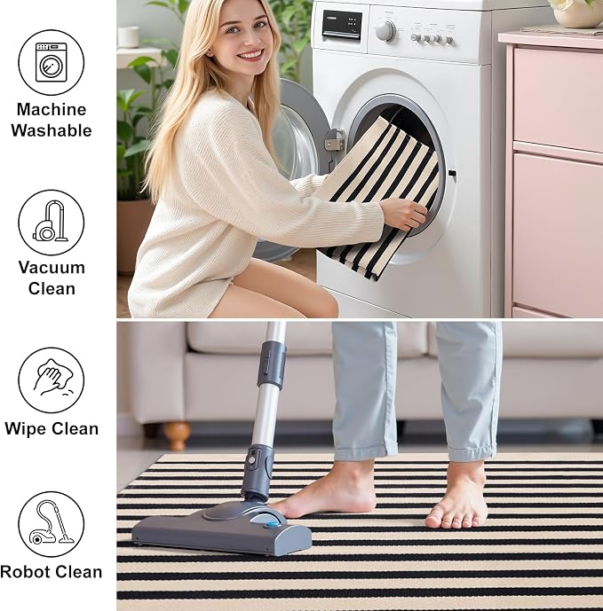OLANLY Beige and Black Striped Rug 3' x 5' – Washable Cotton Doormat - Image 2